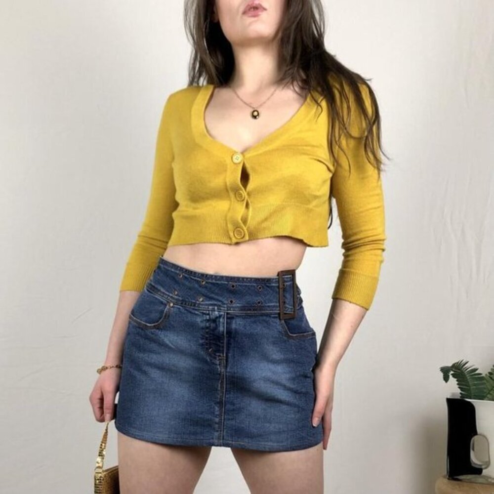 MAK XL Cropped Cardigan 3/4 Sleeve Soft Lightweight Stretchy Mustard 💛 90s- Y2K - Picture 2 of 15